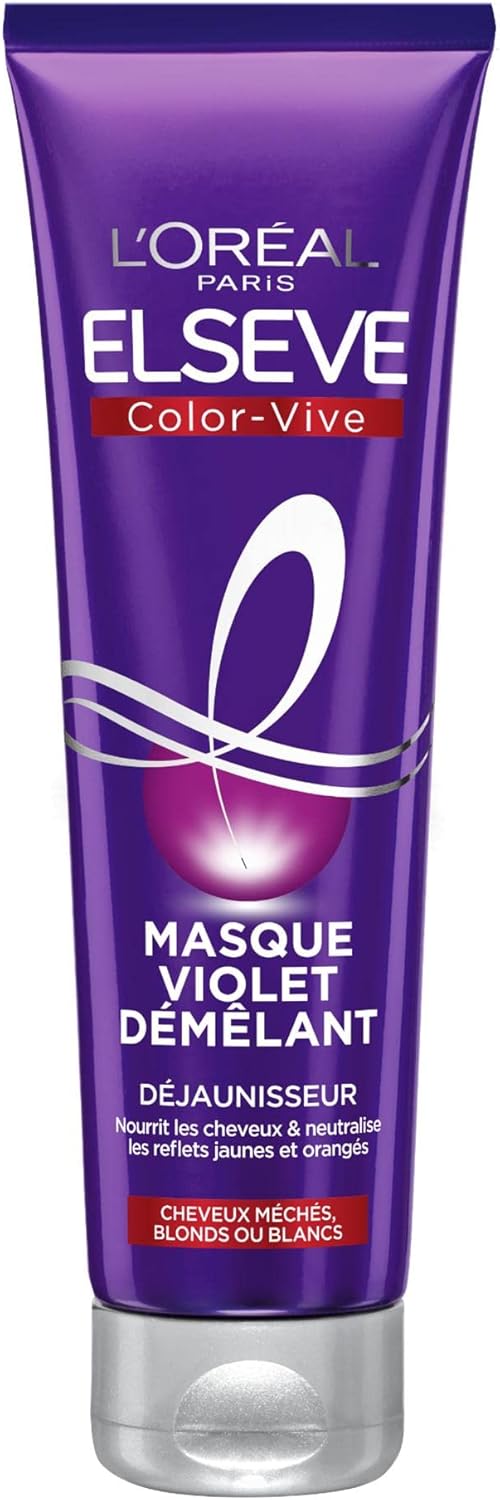 L’Oréal Paris – Masque Violet Démêlant Déjaunisseur – Pour Cheveux Méchés, Blonds ou Blancs – Neutralisation des Reflets Jaunes & Orangés – Elseve Coloration-Vive – 150 ml