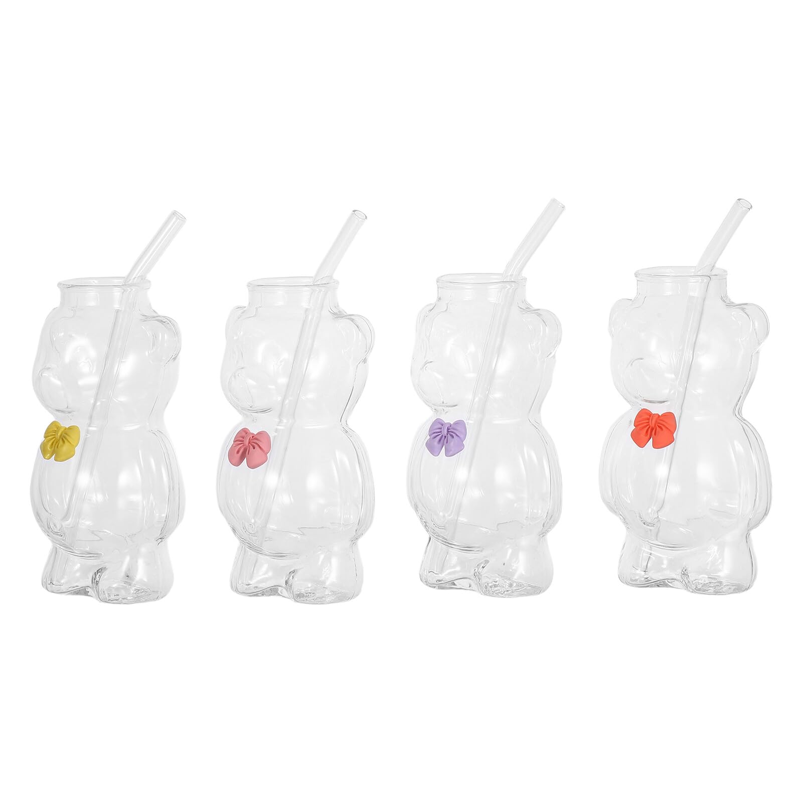 Vasos con Pajita de Vidrio con Forma de Oso 330 Ml 4 Unidades Colores Surtidos Morado Amarillo Rosa Naranja para Bebidas Frías Fiestas y Decoración del Hogar