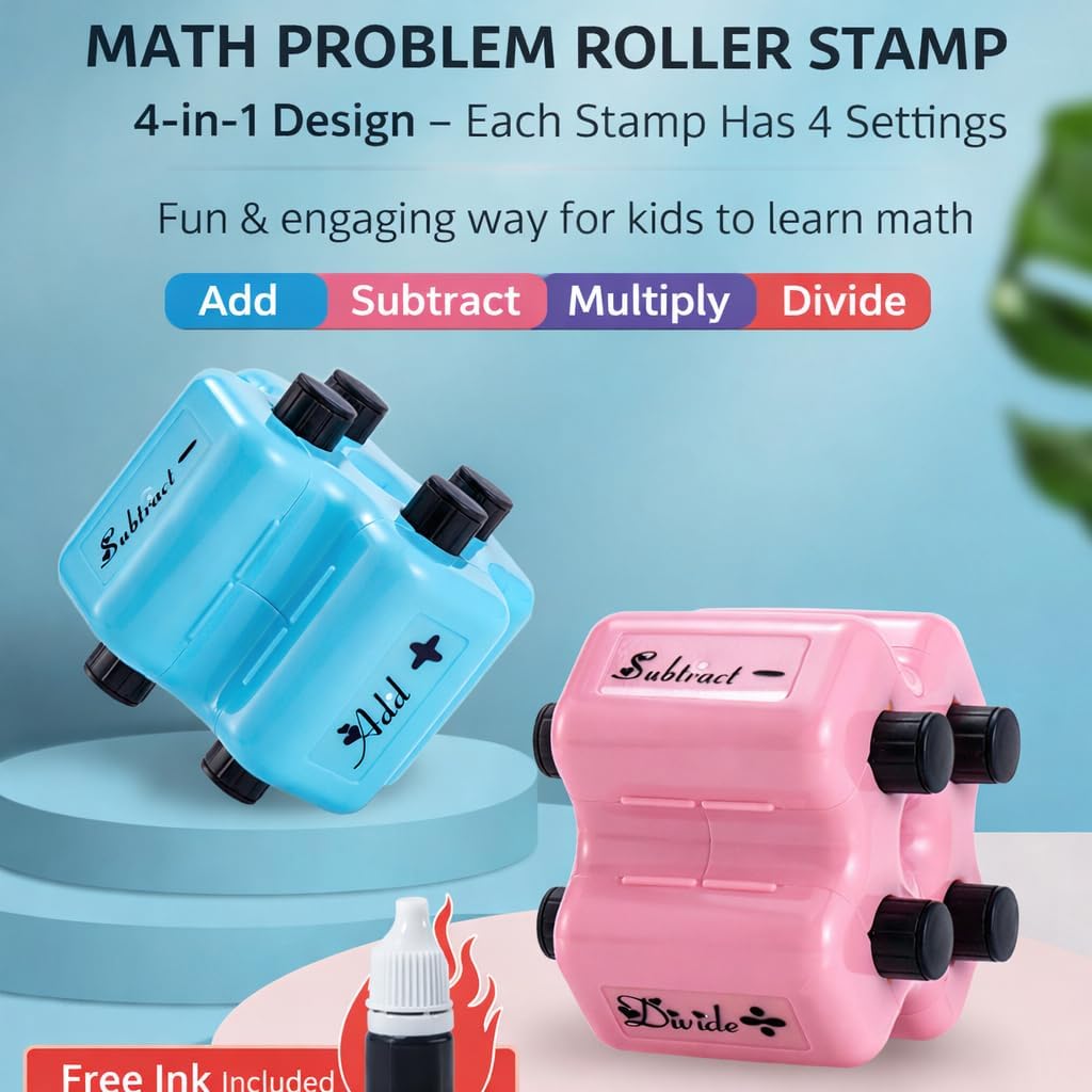 4 in 1 Math Roller Stamp for Kids, Random Math Practice Stamp for Addition Subtraction Multiplication Division, Math Teacher Must Haves Classroom Tool (Blue*1)