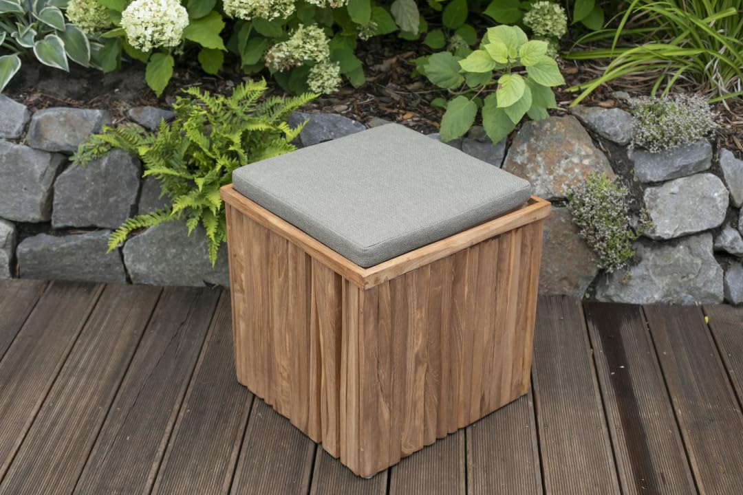 MR. DEKO Teakbox Oxford Sitzhocker inkl. Sitzkissen | Teak Holz Gartenhocker Wetterfest | Auflagenbox Klein Massivholz Teakholz | Beistelltisch Garten Stauraum | Sitzbox Balkon 45x45 cm