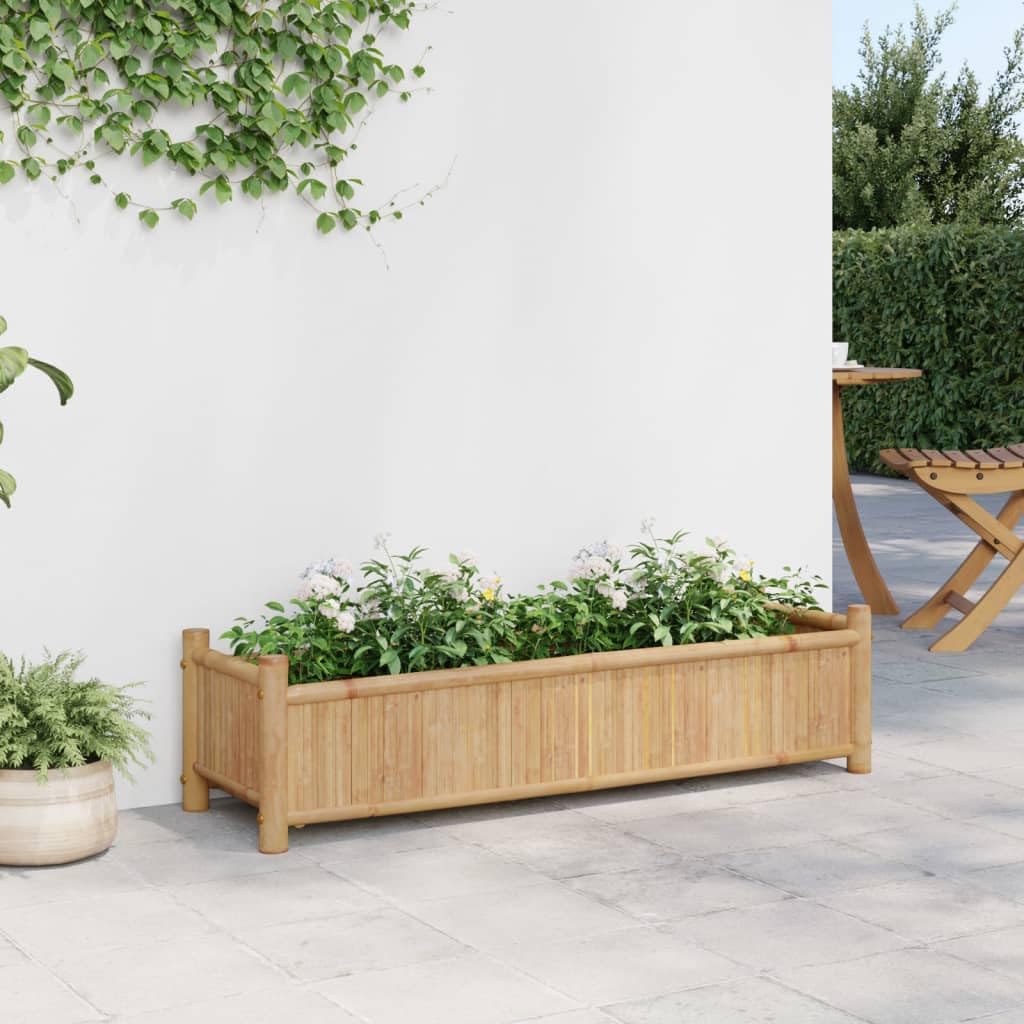 Jardinera de bambú 100 x 30 x 25 cm para plantas y flores, caja elevada de jardín, balcón o patio, diseño amplio para hierbas aromáticas y verduras, material natural resistente