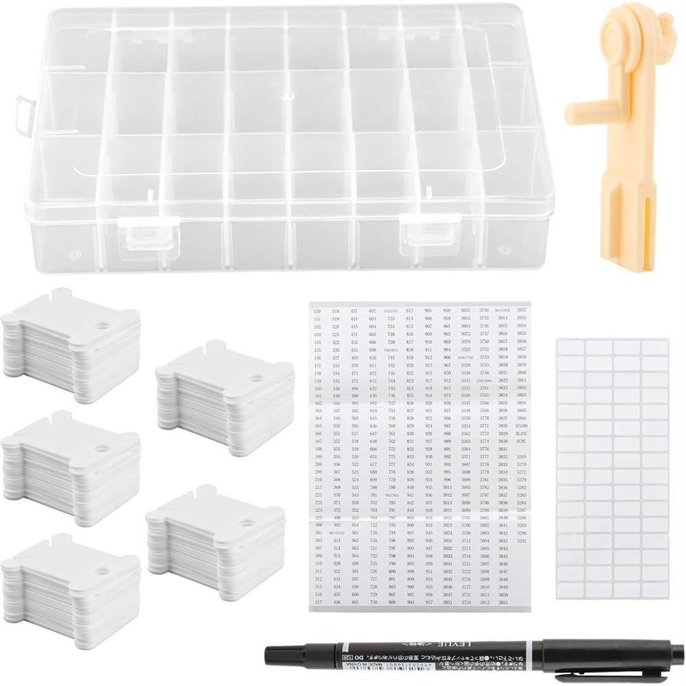 Vjsujehgy Thread Storage Box with 24 Removable Compartments-Embroidery Floss Organizer, Includes 40 Hard Plastic Floss Bobbins& Stickers