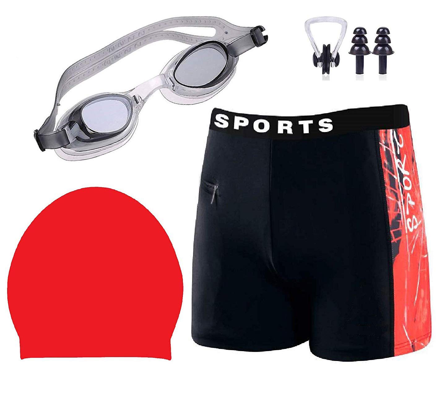Swimming Combo Kit Regular Fit (28in to 34in) Short, Goggles, Silicone Cap, 2Pc Ear Plugs, 1 Pc Nose Clip, Suit