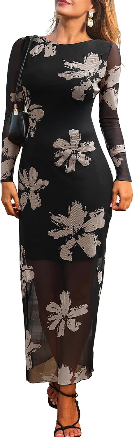CUPSHE Women's Mesh Maxi Formal Dresses Long Sleeve Floral Elegant Sheer Bodycon Stretch Slim Fit Wedding Guest Dress