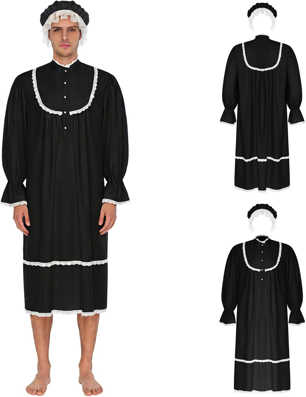 Mufeng Men's Ruffled Cuffs Victorian Nightgown Lace Trim Sissy Dress with Hat for Pajamas Party