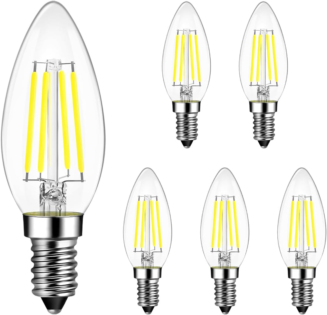 ANWIO B11 LED Filament Bulb E12 Candelabra Small Base 5000K Daylight White, 5.5W(60W Equivalent) 800 Lumens Non-Dimmable Decorative Candle Light Bulb, Pack of 6