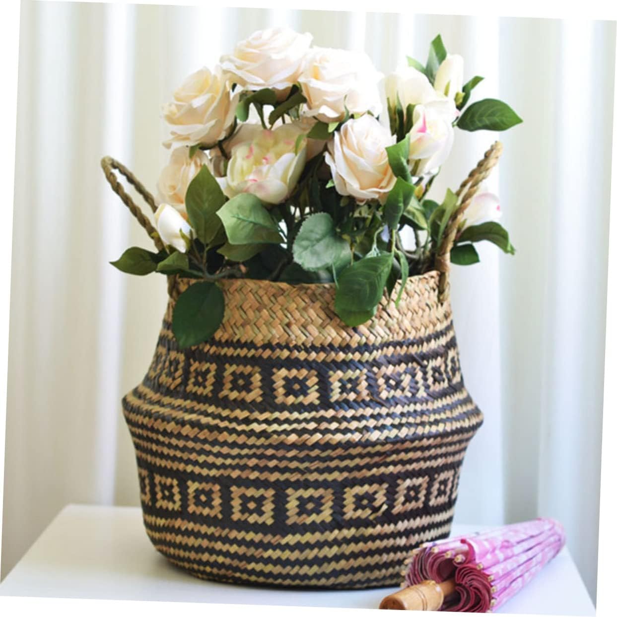 めちゃ可愛いつる編み収納バスケット、トイレットペーパー収納バスケット、ピクニックバスケット、マクラメ編みバスケット、織物収納バスケット、プラント マグネットバックル