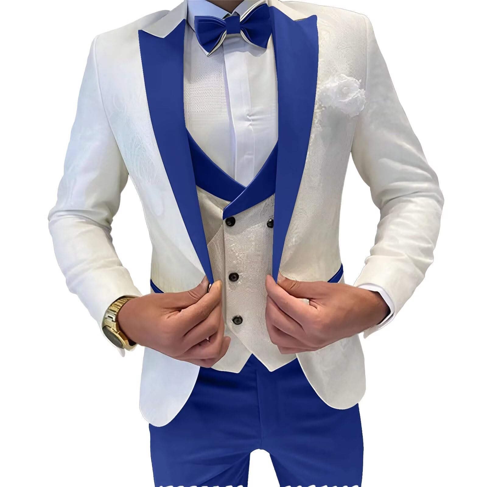 optkeat Mens Jacquard Suit 3 Piece Slim Fit Suits Prom Formal Business Suit for Men Jacket Vest Pants Wedding Suit Royal Blue, XL