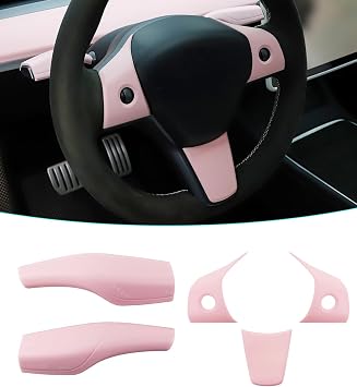 Pink Gear Shift Lever Cover and Steering Wheel Cover Compatible with Tesla Model Y/3 Pink