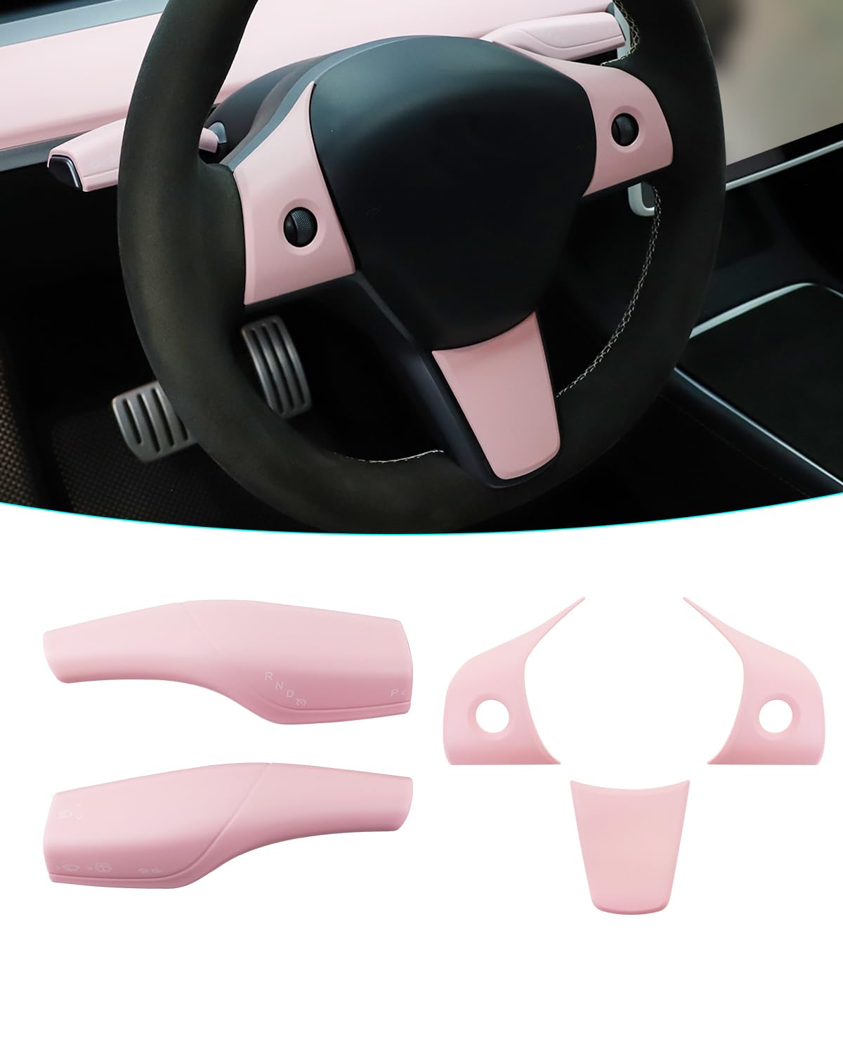 Pink Gear Shift Lever Cover and Steering Wheel Cover Compatible with Tesla Model Y/3 (Pink)