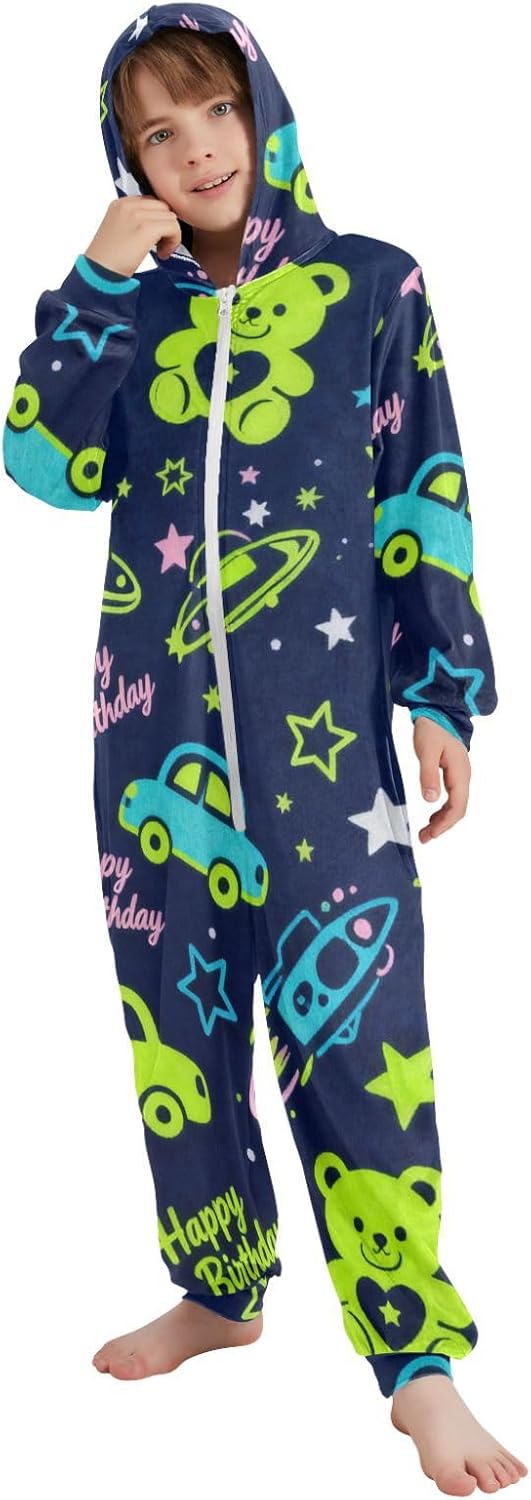 Happy Birthday Spaceship and Cars Navy BlueOnesie PajamasSoft Warm Hooded Loungewear Sleepwearfor Parties Sleepovers