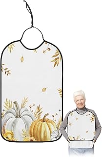 Kewadony Adult Bibs for Elderly Women - Thanksgiving Waterproof Dining Clothing Protectors with Crumb Catcher for Eating/Feeding, Yellow Watercolor Pumpkin Eucalyptus Leaves Fall Terry Cloth Bib