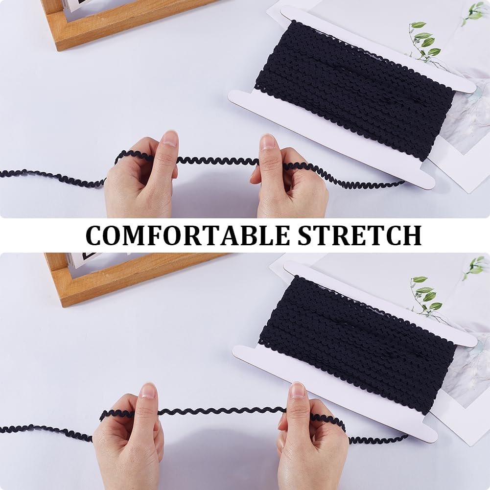 GORGECRAFT 25 Yards Elastic Rick Rack Trim 1/4 Inch Stretch Ric Rac Ribbon Christmas Black Zig Zag Stretchy Wave Bending Lace Trim S Shaped Lace Ribbon Polyester Woven Braided Fabric for Sewing Crafts