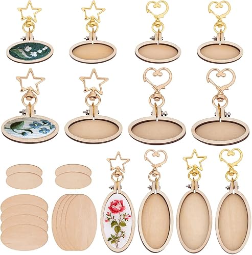 OLYCRAFT Llavero de madera en blanco, 12 piezas de mini aros de bordado, con cierre de langosta, aros redondos de madera, bandeja ovalada, llavero