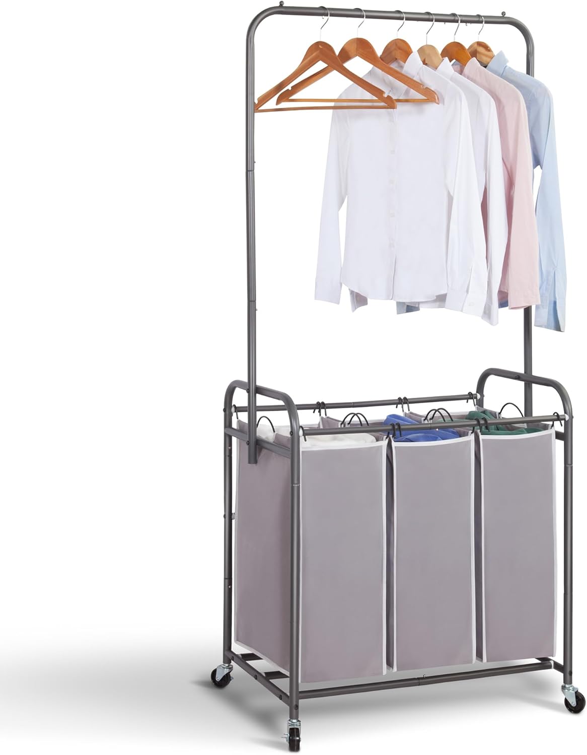Laundry Sorter Hamper with Wheels, Heavy-Duty Laundry Sorter Rolling Cart, Lockable Wheels and Removable Bags, 3 Sections with Shelf, Grey 3 Sections with Shelf Grey