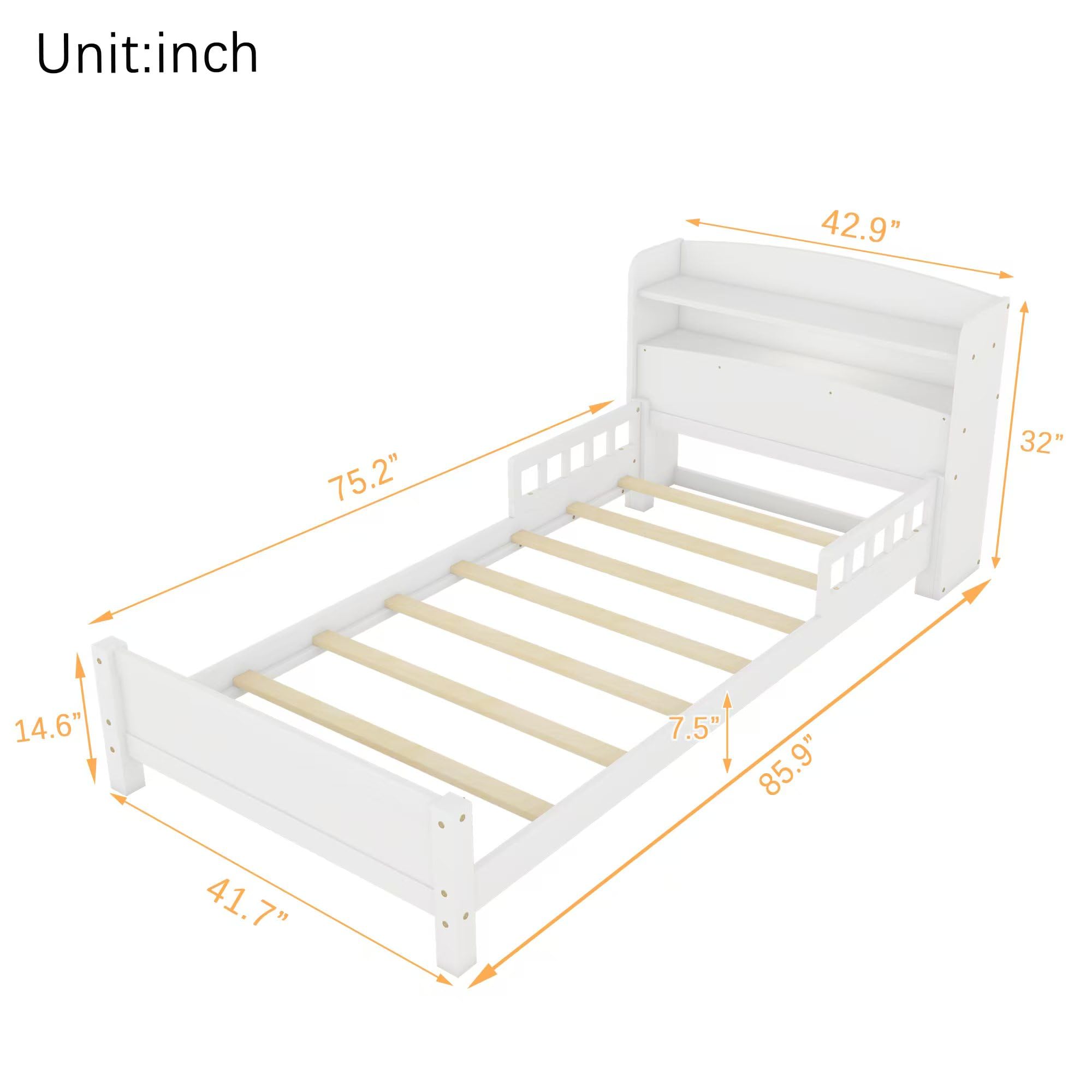 SmartEdge Twin Size Wood Bed Frame with Bookcase Headboard, Kids LED Bed Frame with LED Motion Sensor Light, Guardrails, Twin Platform Bed for Girls Boys Bedroom Living Room, White