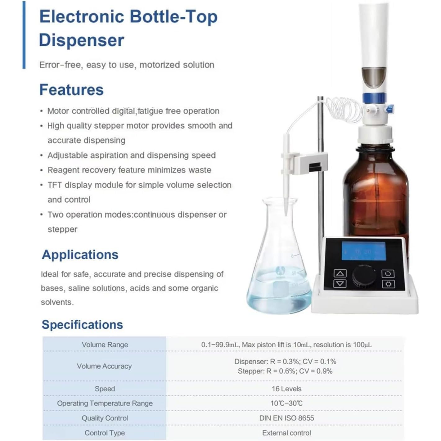 Dispensador digital de líquido superior de botella, dispensador electrónico de reactivos de laboratorio con pantalla LCD, rangos de volumen de 0.01 a 99.99 ml, tasa de 16 engranajes para una