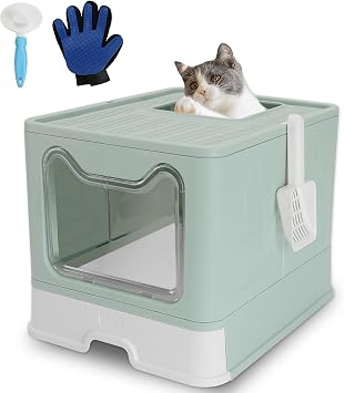 Foldable Cat Litter Box with Lid, Large Top Entry Litterbox with Scoop | Includes Fur Brush & Cleaning Glove, No Smell Covered Drawer Type Kitty Potty, Blue 20" x 16" x 15"