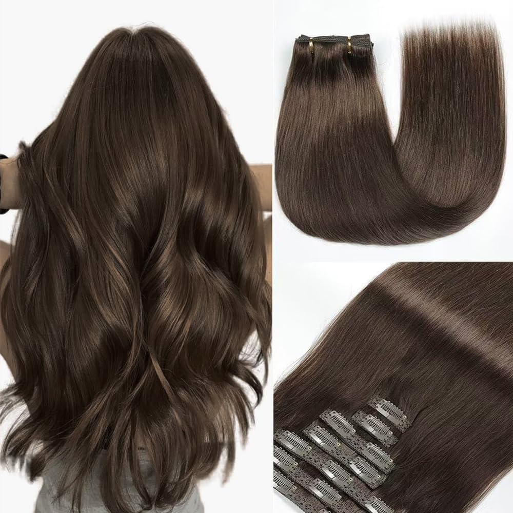 GUDOZO extension capelli veri Castano cioccolato 7pcs 35cm 80g Extension capelli veri biadesivo Extension clip capelli veri senza cuciture volume donna