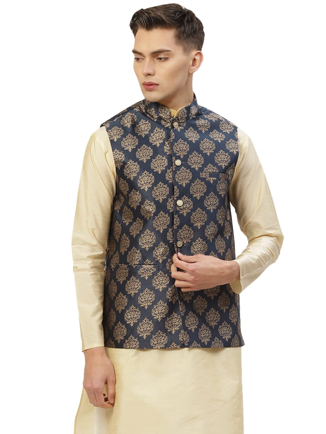 Men's Woven Design Nehru Jacket.