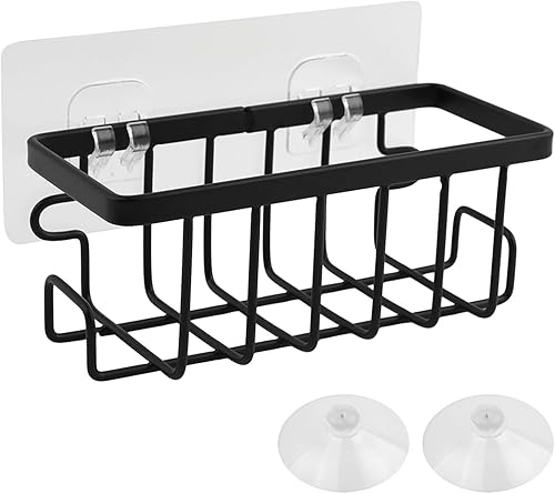 Miniatura 2 de Juego de 5 organizadores de fregadero de cocina montado en la pared, organizador de fregadero impermeable negro, sin taladrar, soporte de esponja de