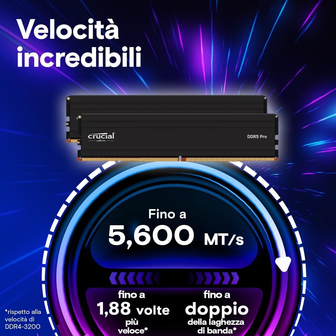 Crucial Pro RAM DDR5 32GB Kit (2x16GB) 5600MHz, Intel XMP 3.0, Memoria PC RAM - CP2K16G56C46U5 5600MHz 32GB (2x16GB) - Immagine 2