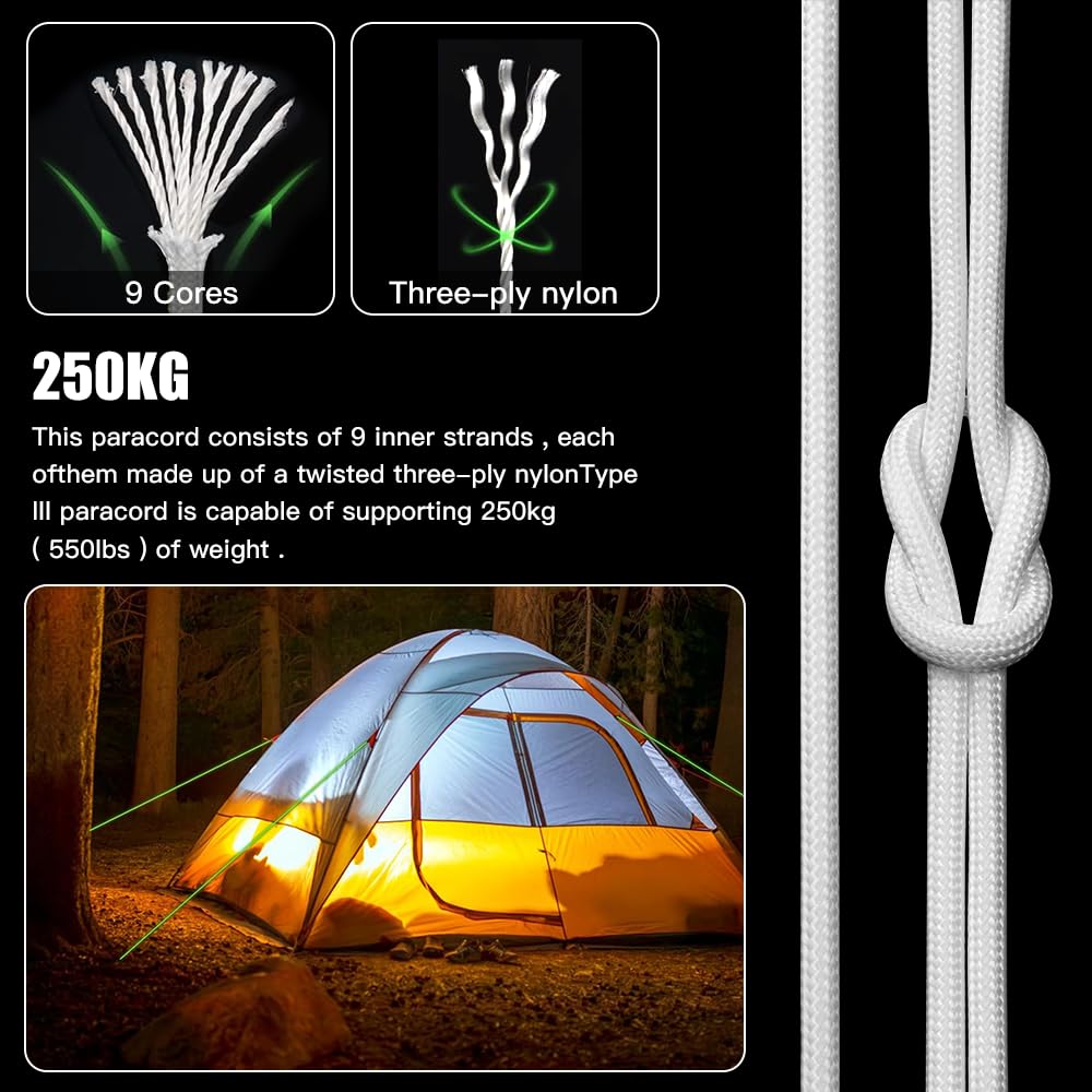 Paracord 550,nylon Paracord fluorescente, Max. 250kg (550lbs) cordino paracadute,Luminoso Paracord 4 mm, corda multiuso di sopravvivenza per Attività All'aperto,campeggio