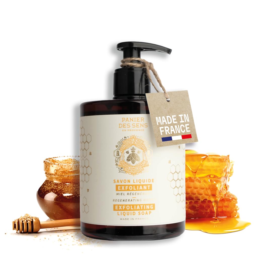 Liquid Hand Soap – Honey Exfoliating Hand Wash - French Marseille Moisturizing Soap with Coconut Oil - Refillable Kitchen & Bathroom Hand Soap - 97% Natural Ingredients -16.9 Fl.oz