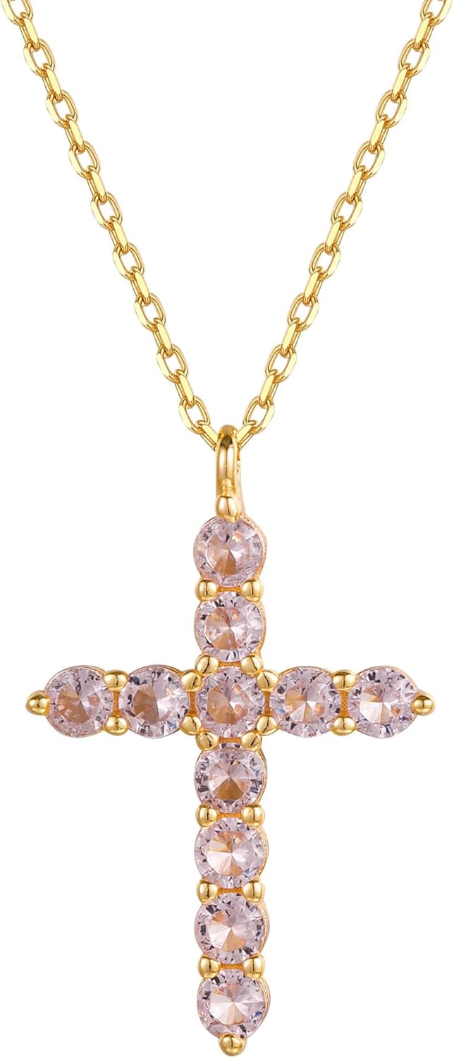 S.Leaf 18Karat Gold Plated Cross Necklace for Women 925 Sterling Silver Birthstone Cross Chain Cubic Zirconia Necklaces Best Friend Birthday Gifts for Women Sister Mom Wife Her Friend Party