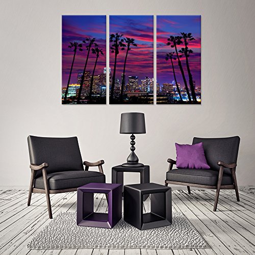 Ihappywall 3 Piece Canvas Purple Wall Art Usa Los Angeles Night City Lights Cityscapes With Plam Trees Silhouette Over Glow Sky Picture Print On Canvas Stretched For Home Decor #TOP1