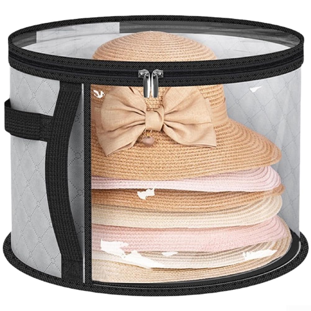 Organizador de sombreros transparente apilable, bolsa de almacenamiento cilíndrica con asa para el hogar (gris)
