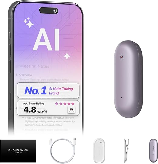 AI Voice Recorder, PLAUD NotePin Voice Recorder, App Control, AI Notetaker, AI Transcribe & Summarize, Support 112 Languages, 64GB Memory, Audio Recorder for Lectures, Meetings, Sunset Purple