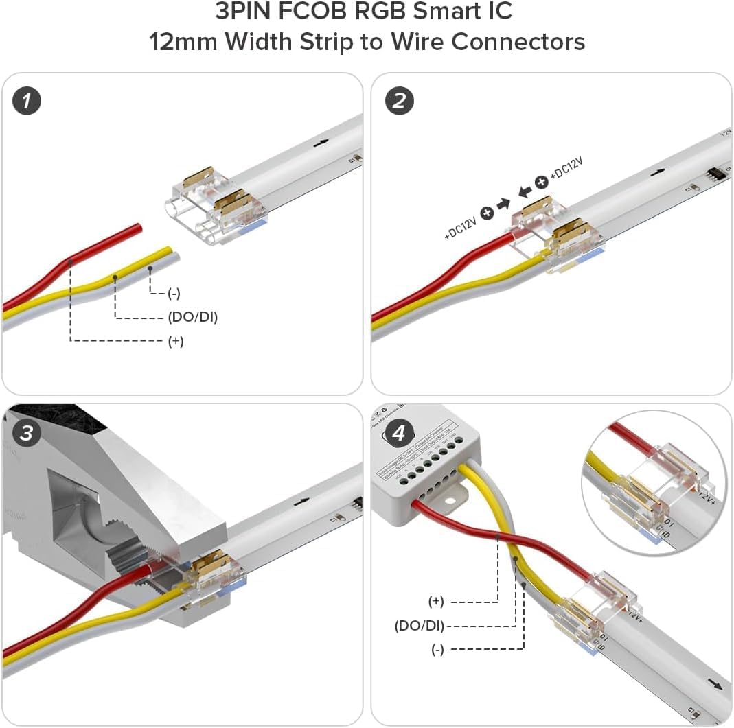 COB 12mm 3Pin LED Connectors Kit L-Shaped Dual-End with Wire Strip to JST Gapless 3Pin 22AWG Wire/JST Connector for WS2811 IC RGB 720LEDs/m COB Strip Light