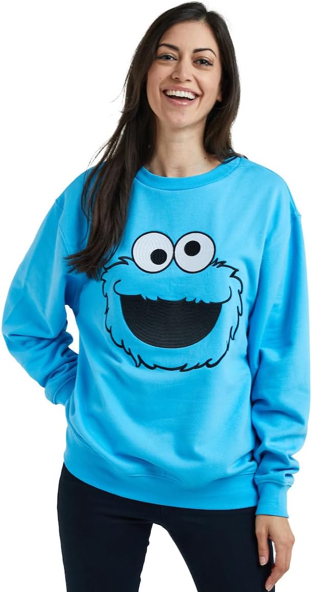 Sesame Street Big Face Cookie Monster Blue Crew Neck Long Sleeve Oversized Fleece Sweatshirt - Image 4