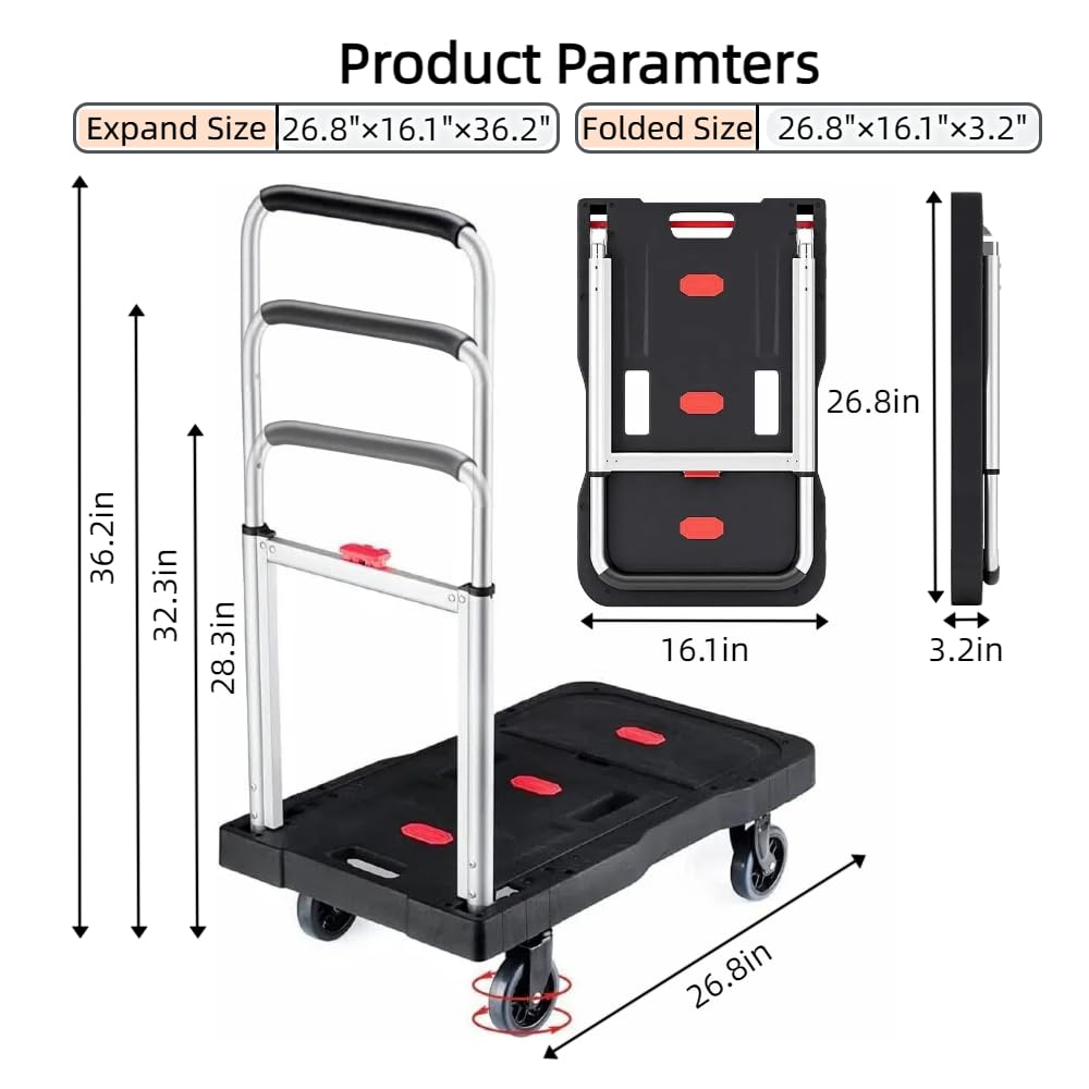 Carro de mano plegable, carrito de equipaje resistente de 330 libras, carrito de plataforma portátil con asa ajustable para automóvil, equipaje, personal, viajes, mudanzas y uso en la oficina