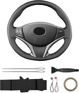 Hand Sewn Steering Wheel Cover,Fit for Toyota Yaris 2012-2019/Aygo 2015-2019/Yaris Trend Hybrid 2013/Verso-S 2012,Non-Slip Breathable Microfiber Leather Steering Wheel Cover on Wrap