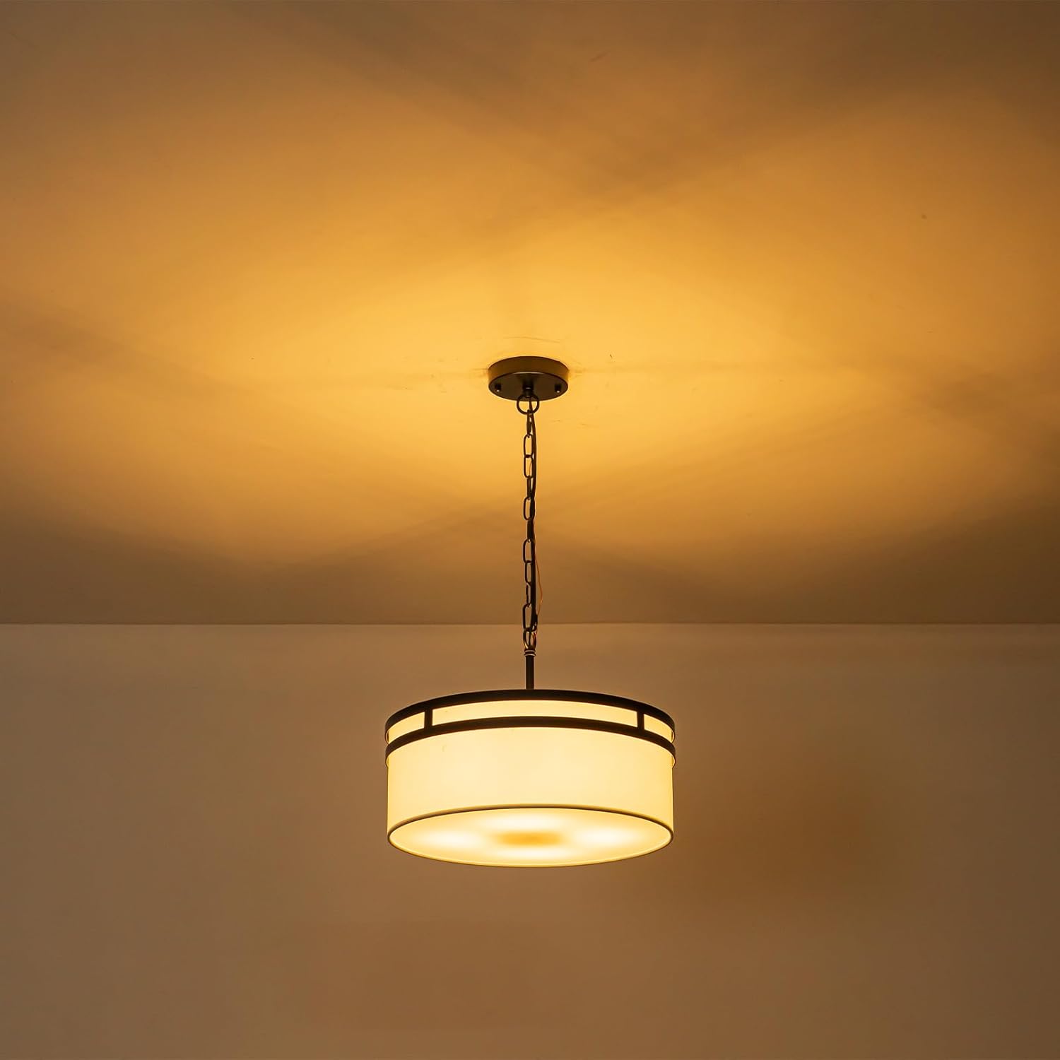 Modern Black Drum Chandelier 15.75" White Linen Pendant Lights 4-Light Dining Room Light Fixture Kitchen Chandeliers over Table Dimmable Ceiling Light Fixture for Entryway Foyer Hallway Living Bedroom