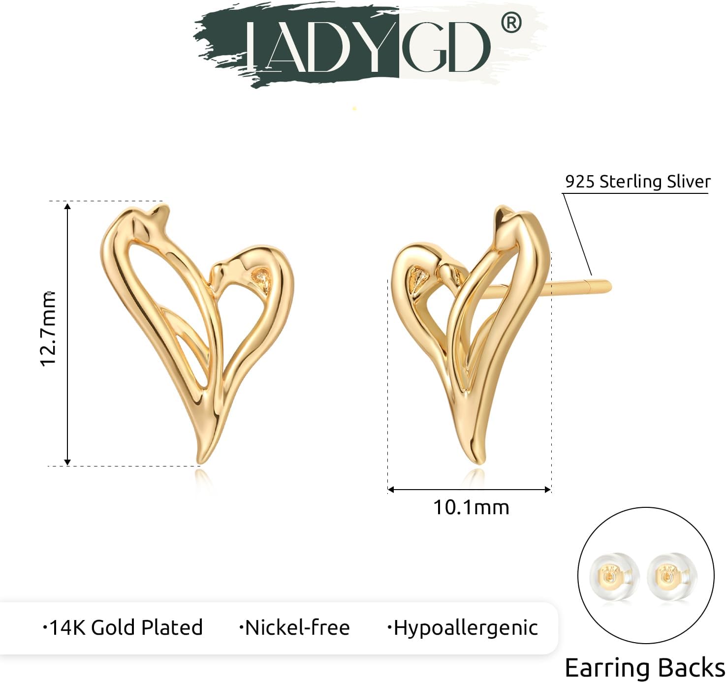 Heart Stud Earrings 14K Gold Plated S925 Sterling Silver Post Cubic Zirconia Trendy Dainty Cute Love Stud Earrings for Women Jewelry Gifts - Image 6