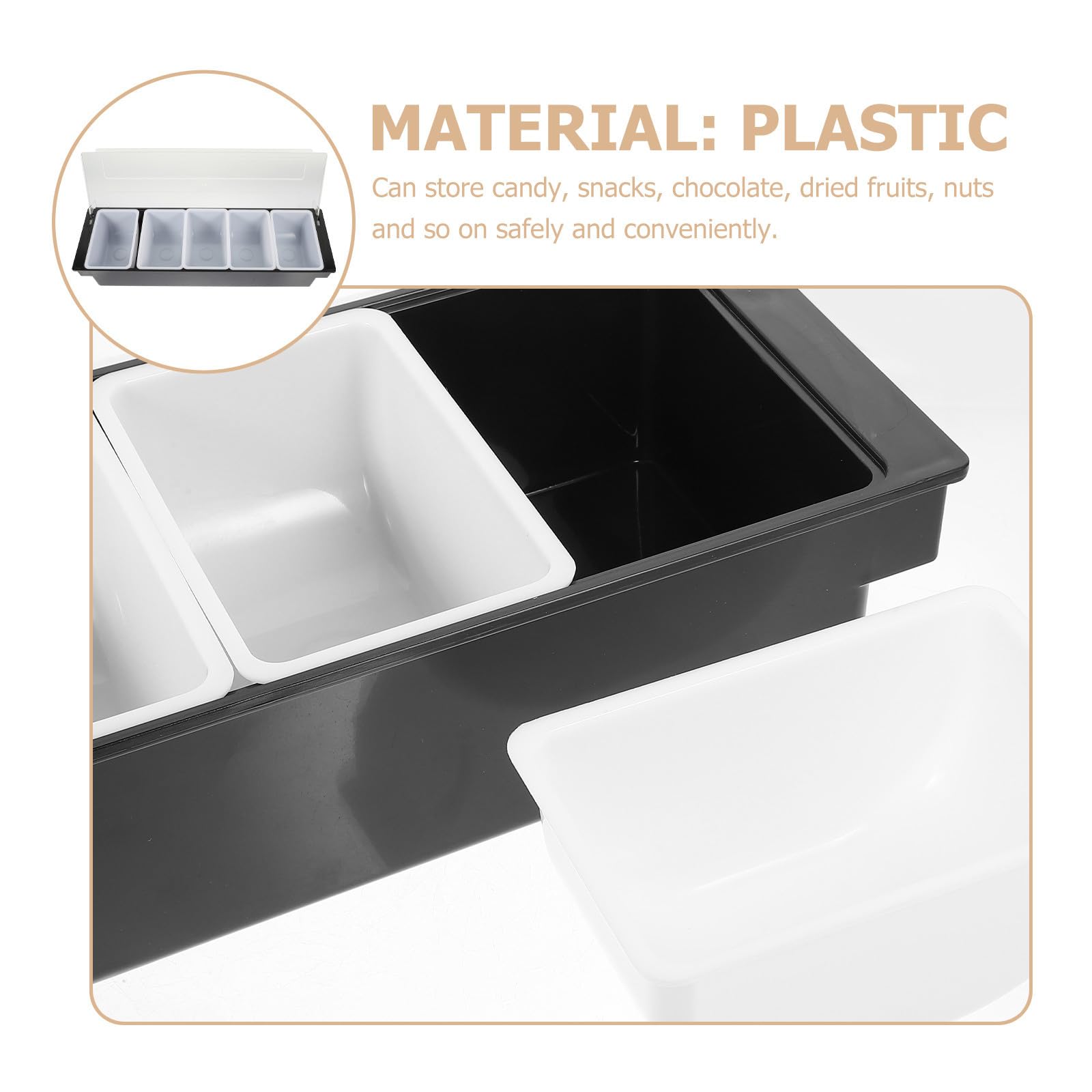 INOOMP Boîte en Plastique Compartimentée Noire 5 Compartiments, Design Couvercle, Contenant Alimentaire Pratique pour Fruits Secs et Collations Bar