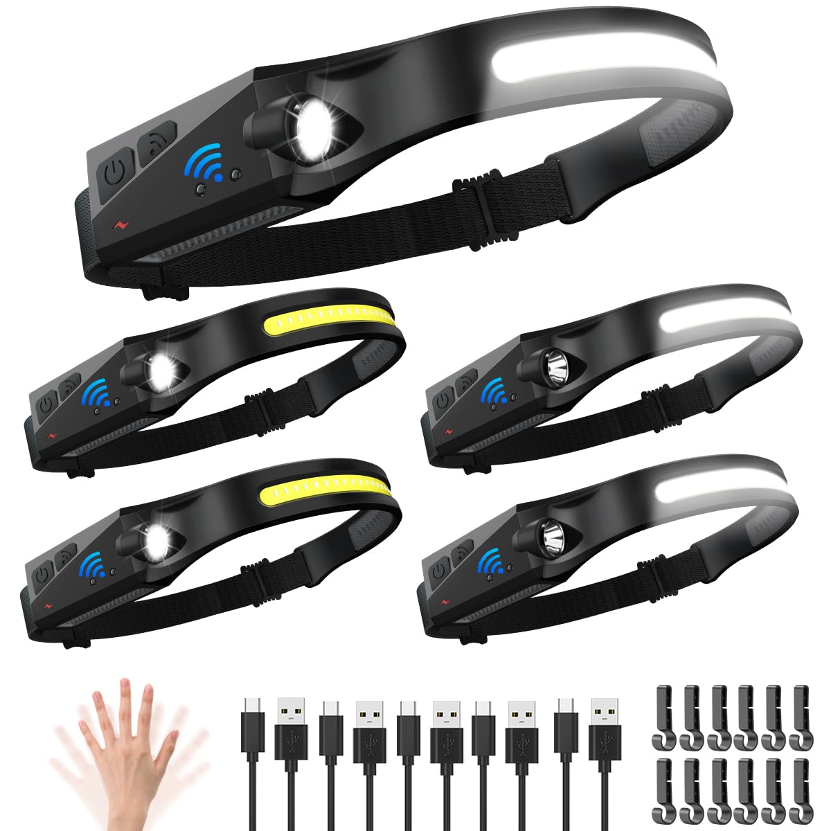 Headlamp Rechargeable 5Pack, 230° Wide Beam LED Headlamp, 5Mode Head Lamp with Motion Sensor, Head Lights for Forehead, Headlamps for Adults Rechargeable, Rechargeable Headlamp for Running Hardhat LED