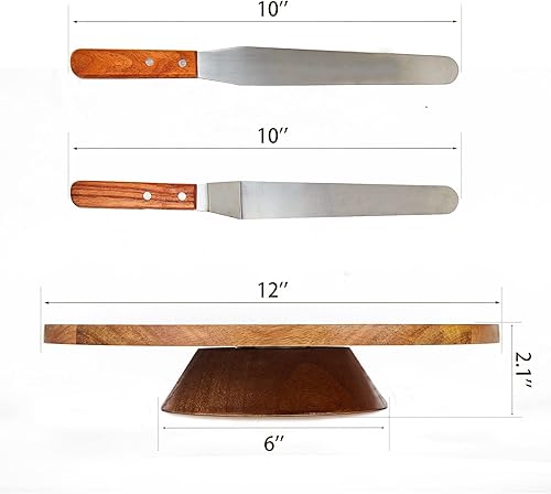 Miniatura 2 de Soporte giratorio para pasteles de madera de acacia de 12 pulgadas, plato giratorio de 2 pulgadas de alto con 2 espátulas de glaseado, 3 alisadores