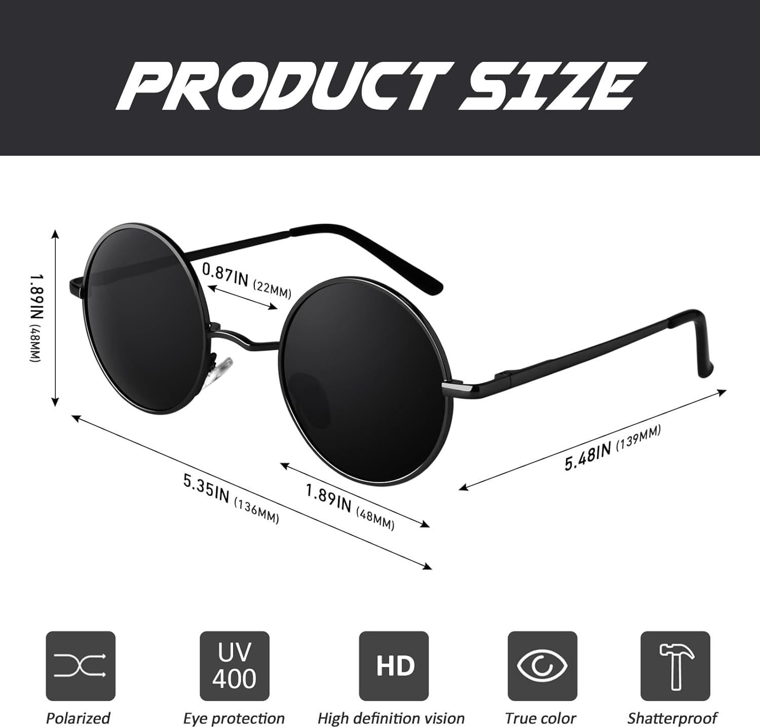 CGID Retro Round Polarized Sunglasses Mens Womens Circle Metal Hippie Shades UV400 Protection E01 - Image 6