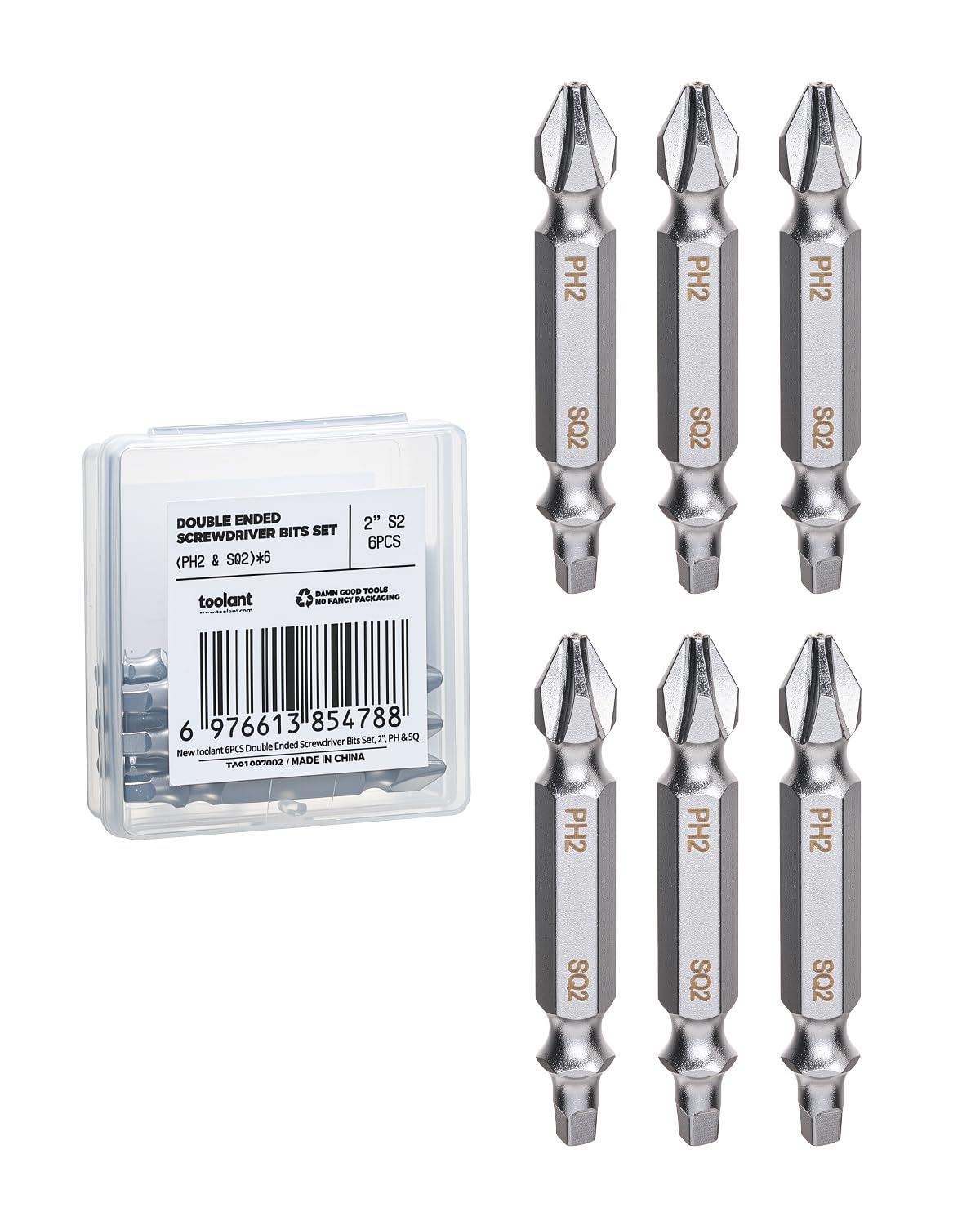 toolant Double-Ended Impact Bit Set, PH2/SQ2, 2 Inch, 6-Piece