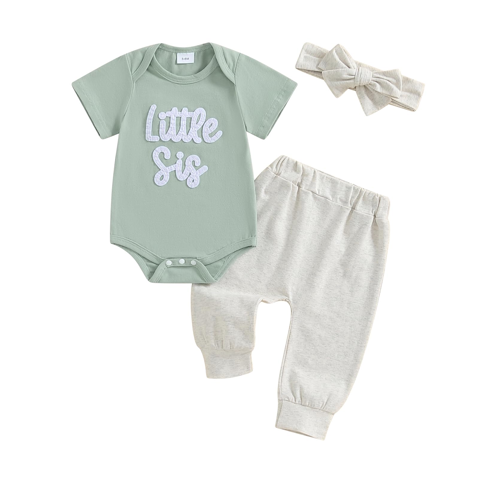 Little Sister Newborn Outfit Baby Girl Letter Embroidered Romper+Pants 3Pcs Layette Set Newborn Coming Home Outfit (Green, 3-6M)