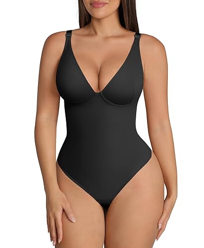 FeelinGirl Shapewear Bodysuits for Women Tummy Control Body Suits Deep V Neck Thong Body Shaper