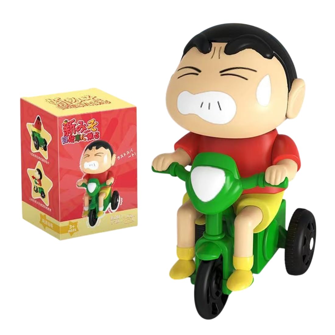 FowWelt Cartoon Tricycle Figure – Expressive Character Toy with Collector Box – Red & Yellow Outfit, Green Bike – Whimsical Japanese-Inspired Design (Sinchan C) 1