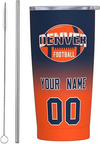 Denver - Vaso de fútbol personalizado con nombrenúmero, vaso clásico de acero inoxidable con tapa y pajilla, regalos personalizados para fanáticos