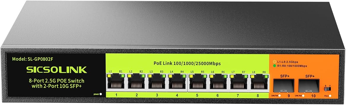 2.5Gb PoE+ Switch 10-Port Unmanaged with 8*2.5G Base-T PoE+ Ports, 2*10G SFP+ , IEEE802.3af/at , 80Gbps Switching Capacity, Metal, 2.5Gbe PoE Switch for NAS, PC, AP.