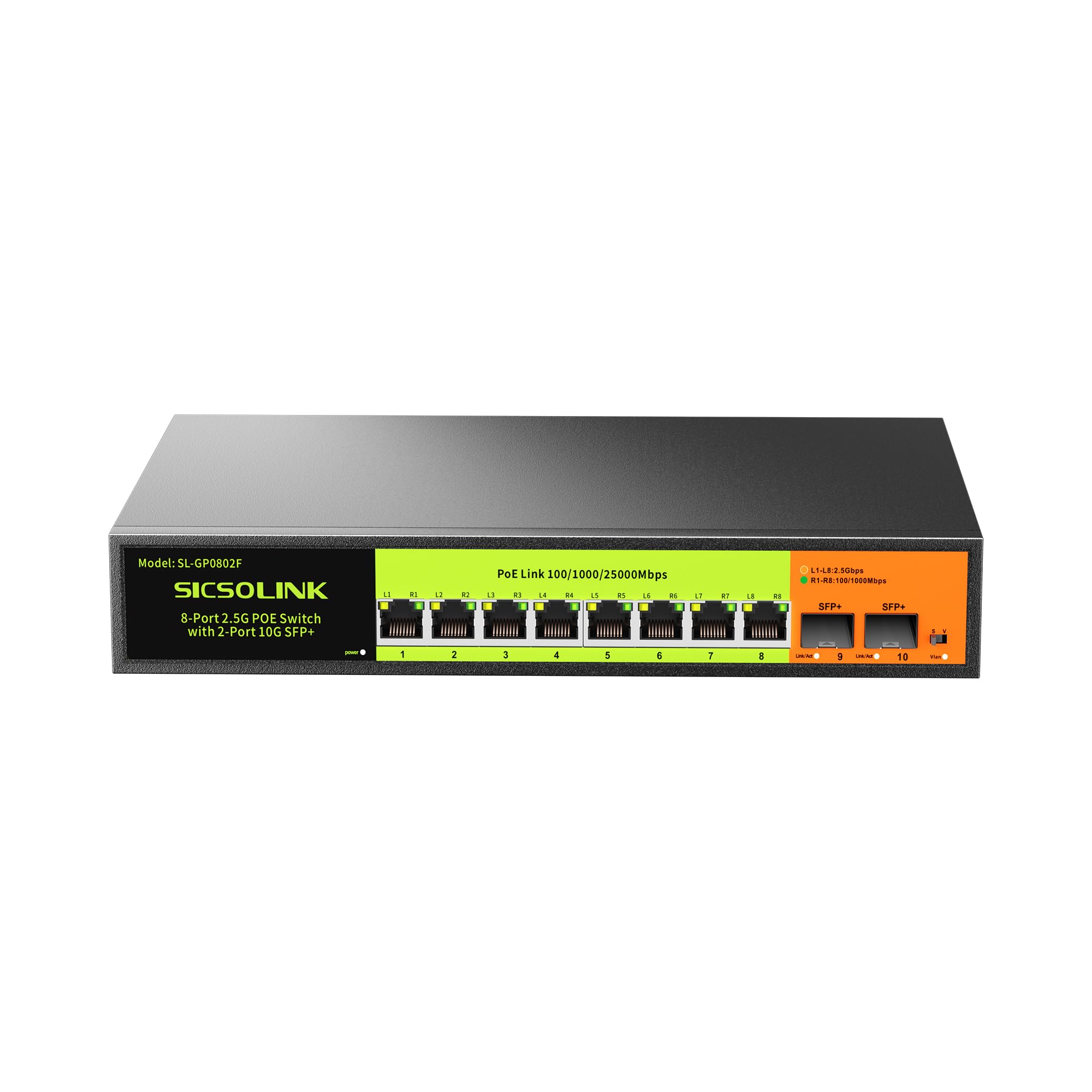 Switch PoE+ a 8 porte 2.5G con Uplink SFP+ 2×10G, Switch Ethernet non gestito da 120 W, IEEE 802.3af/at, Plug & Play per NAS, AP, PC da gioco - Protezione Lightning 6KV, custodia in metallo