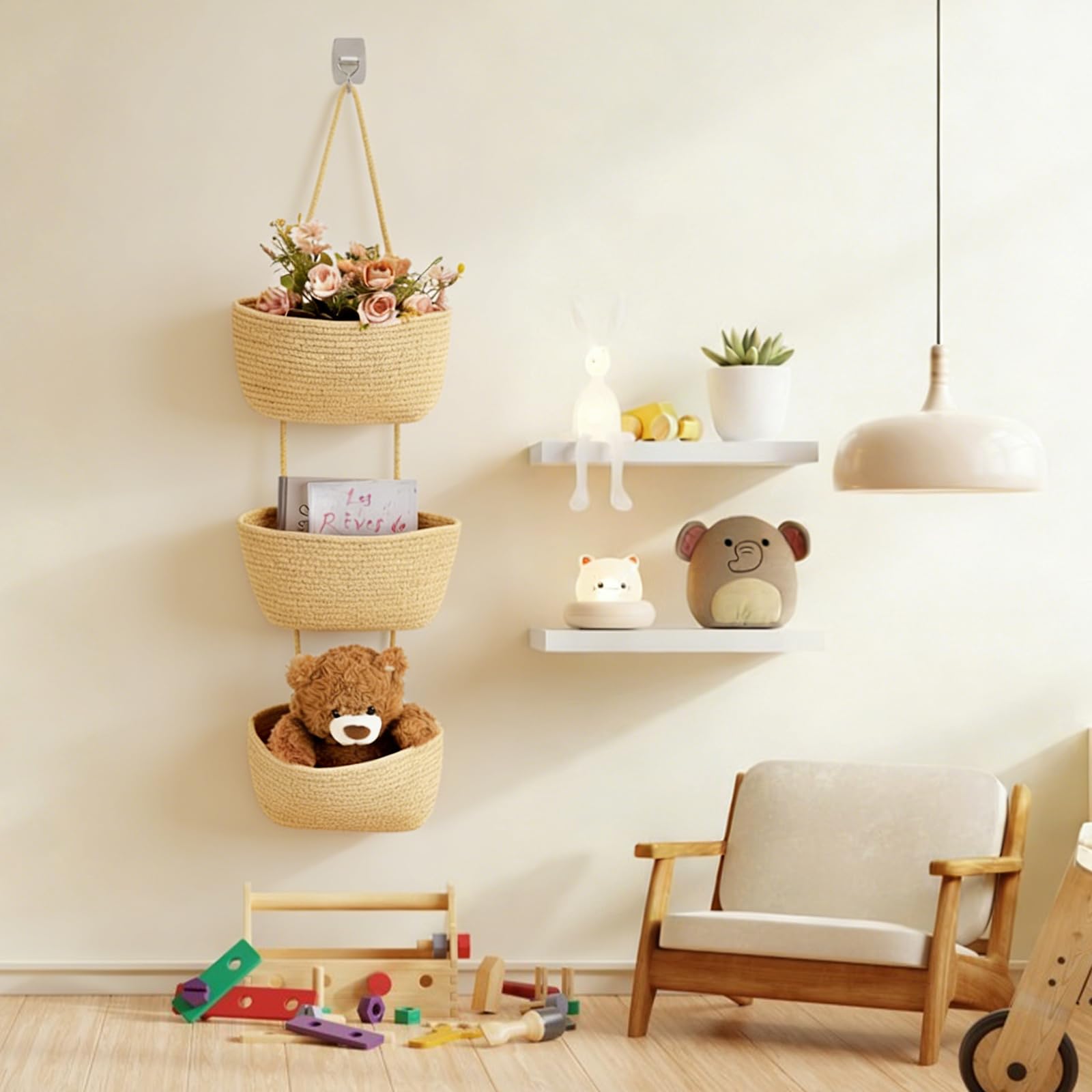 2 cestas colgantes de 3 niveles para colgar sobre la puerta, cesta de almacenamiento de pared de algodón tejido con ganchos, organizador decorativo para colgar en la pared para sala de